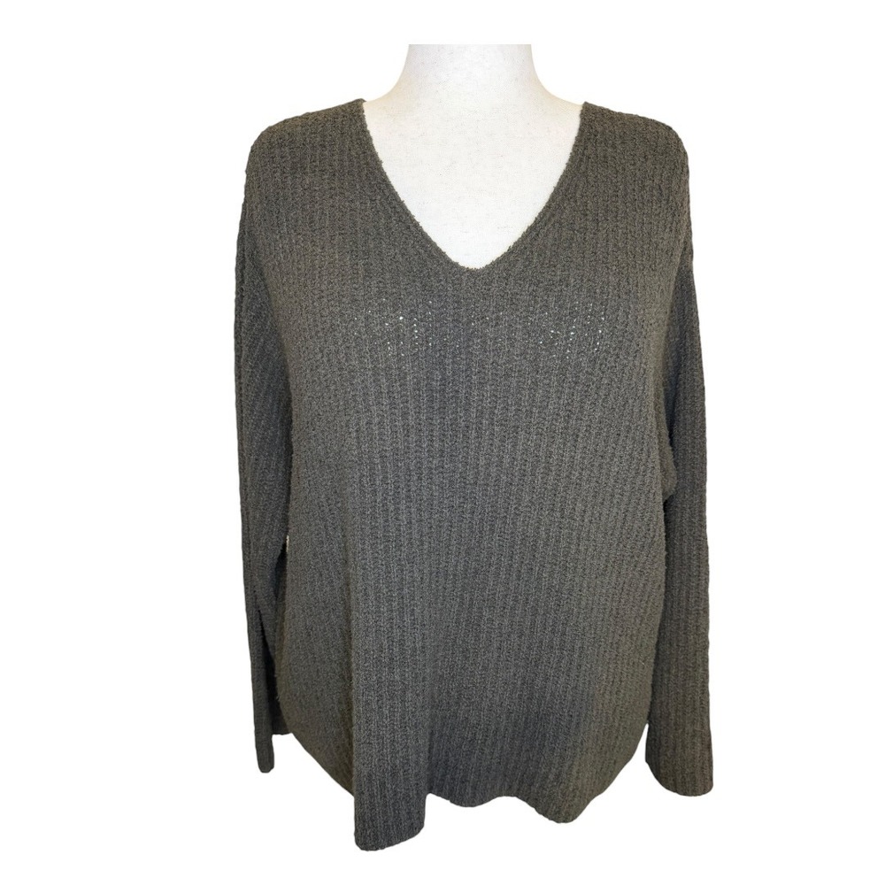 Eileen Fisher Olive Green Brown Organic Cotton Cashmere Ribbed V-Neck Sweater XL